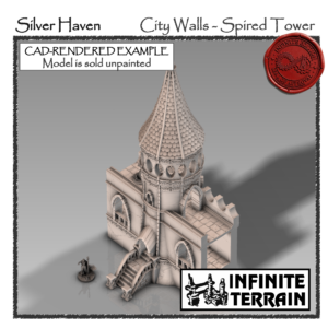 28mm Silver Haven City Walls - Tower Section with Spire (Infinite Edition)