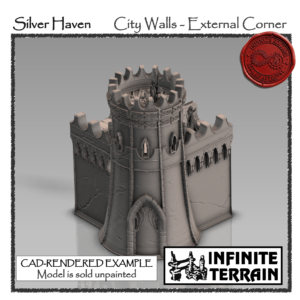 28mm Silver Haven City Walls - External Corner Tower with Battlement (Infinite Edition)