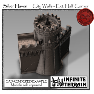 28mm Silver Haven City Walls - External Half Corner Tower with Battlement (Infinite Edition)