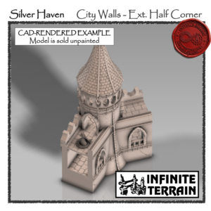 28mm Silver Haven City Walls - External Half Corner Tower with Spire (Infinite Edition)
