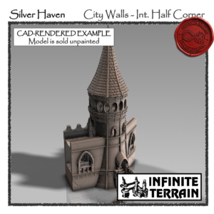 28mm Silver Haven City Walls - Internal Half Corner Tower with Spire (Infinite Edition)